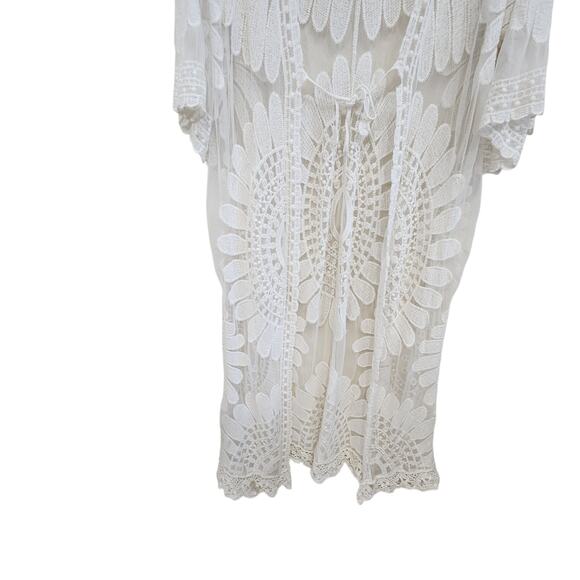 Amazon Sheer Lace Floral Boho Hippie Caftan Coverup Relaxed Fit White Sz Large - Picture 5 of 6